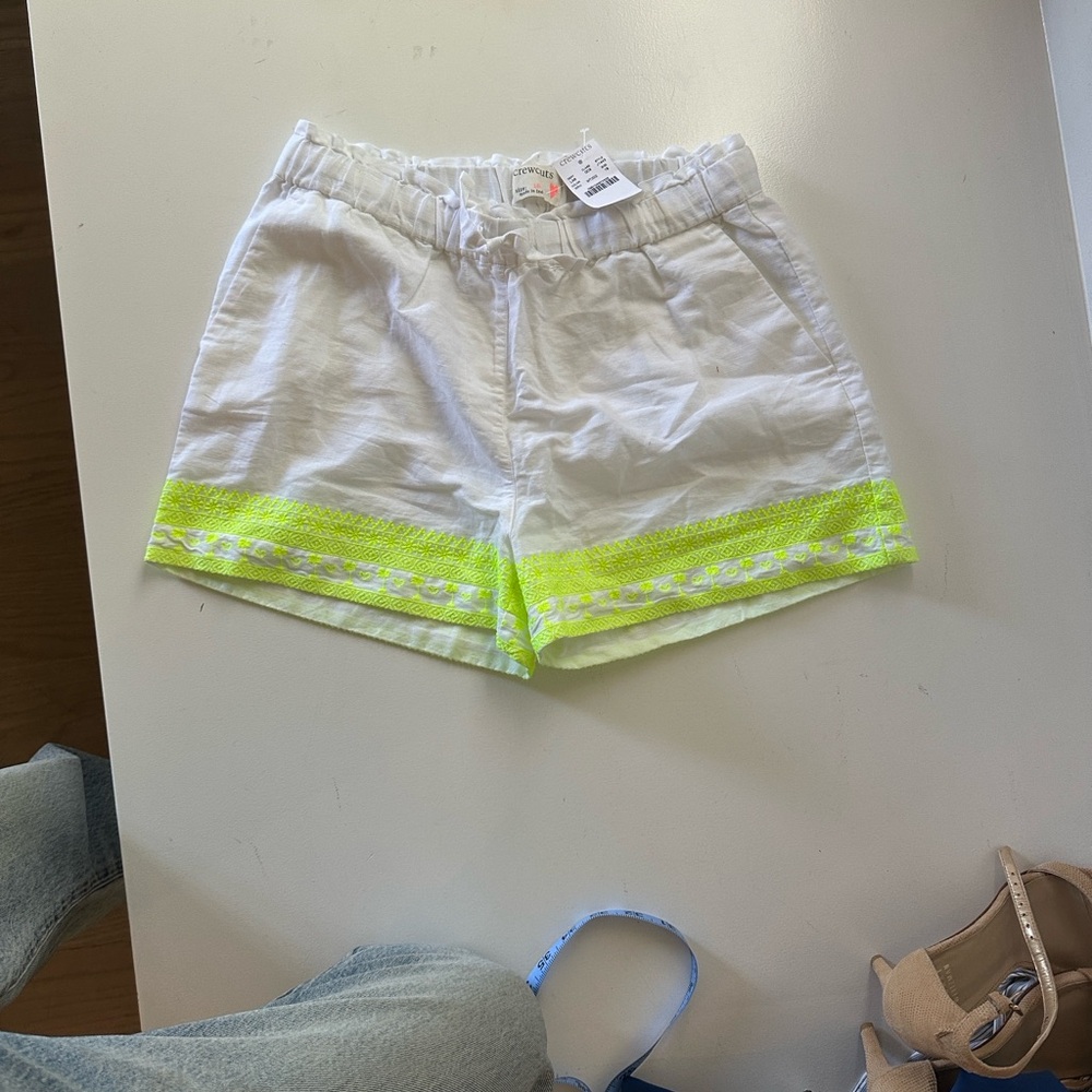 Crewcuts White Girls’ Shorts with Neon Yellow Embroidered Trim